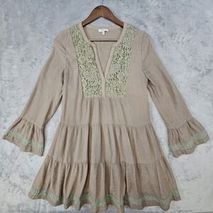 Jodifl Mini Dress Women's Small Tiered Bell Sleeve Lace Trim Casual Boho Peasant